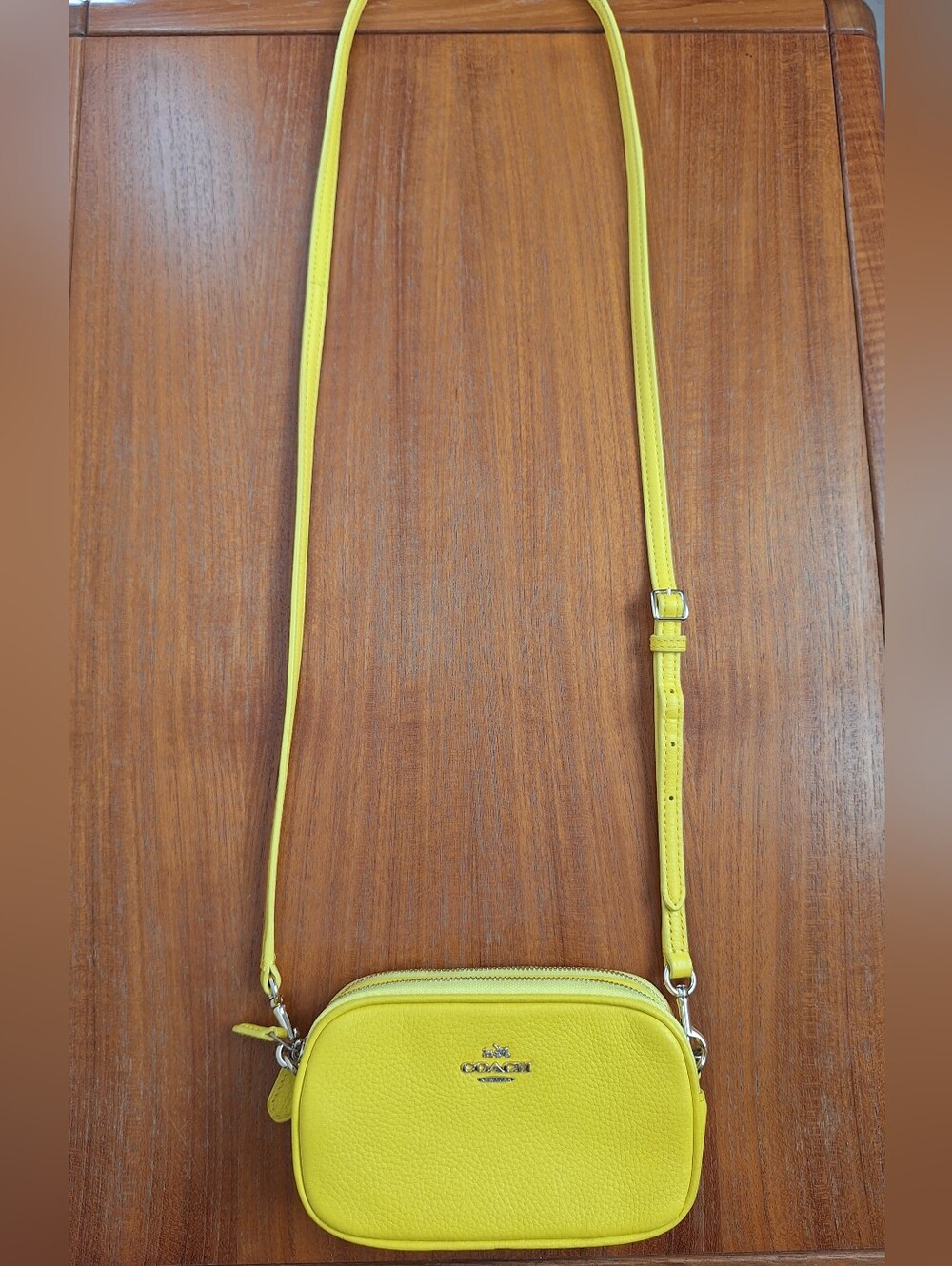Coach Double Zip Leather Crossbody Mini Bag Pebbled Adjustable Strap Yellow